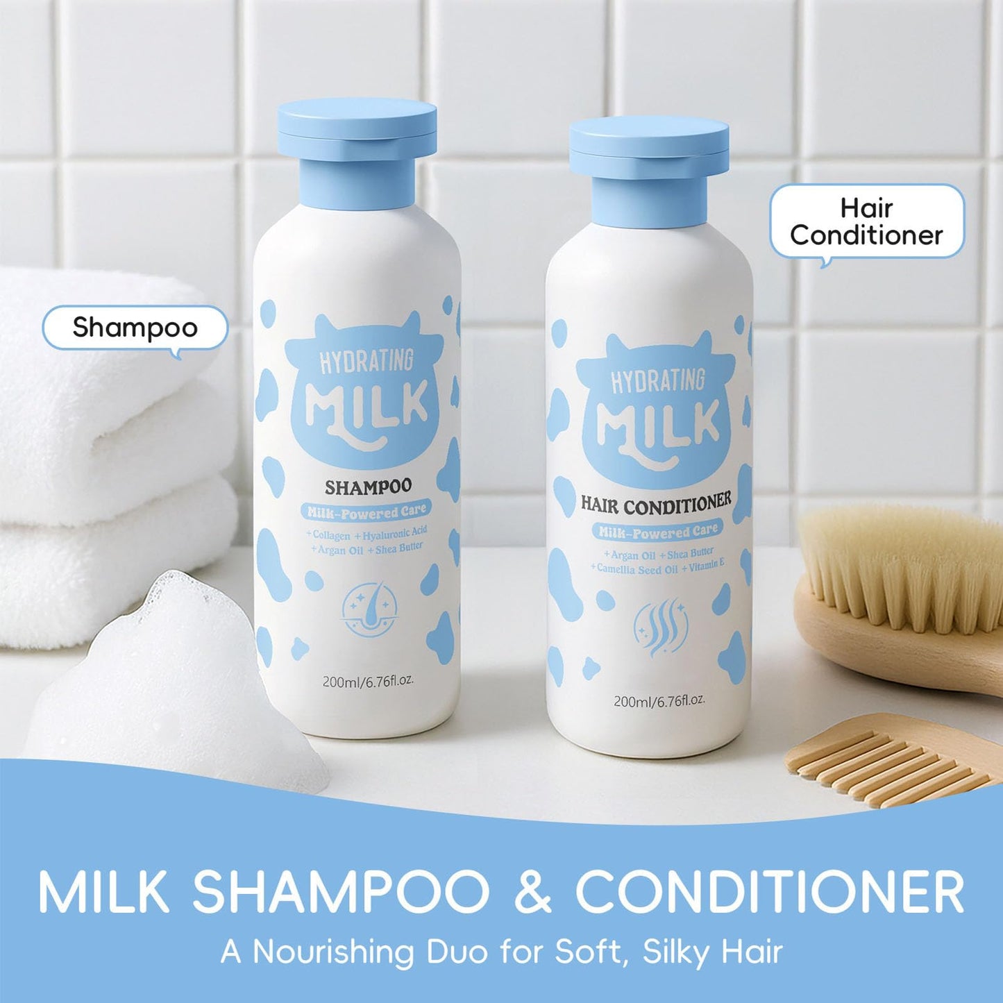 Milk Shampoo and Conditioner Set, Hydrating Shampoo and Conditioner for Curly, Fine, Thick or Straight Hair, Daily Cleaning & Moisturizing Care