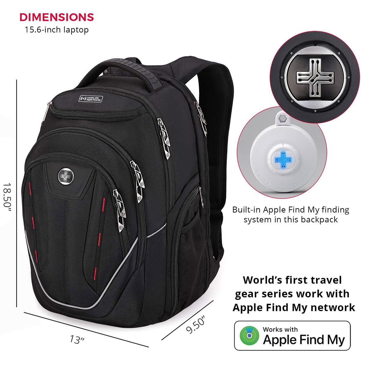 Swissdigital Design TSA Laptop Backpack Men's USB Charging Port Large Capacity Business Travel Backpack Black| With Apple Find My Network Black/Red | J16BTFB-41