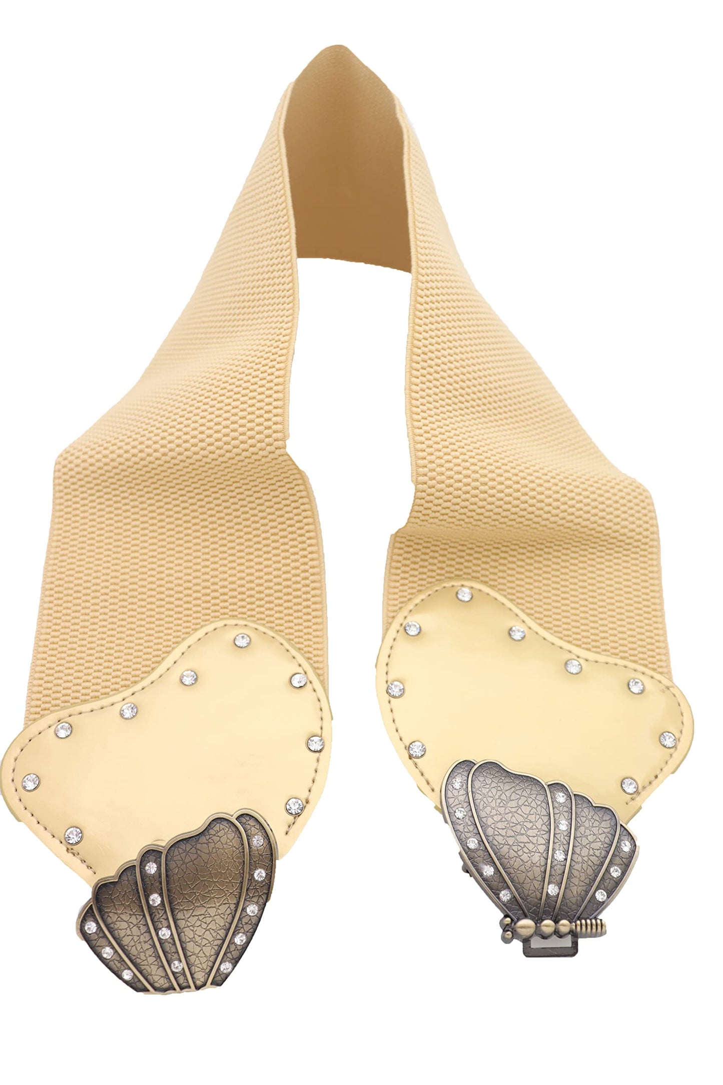 Women Gold Wide Fashion Belt - Elastic Waistband Faux Leather Butterfly Buckle S M,Brown + Gold,One Size