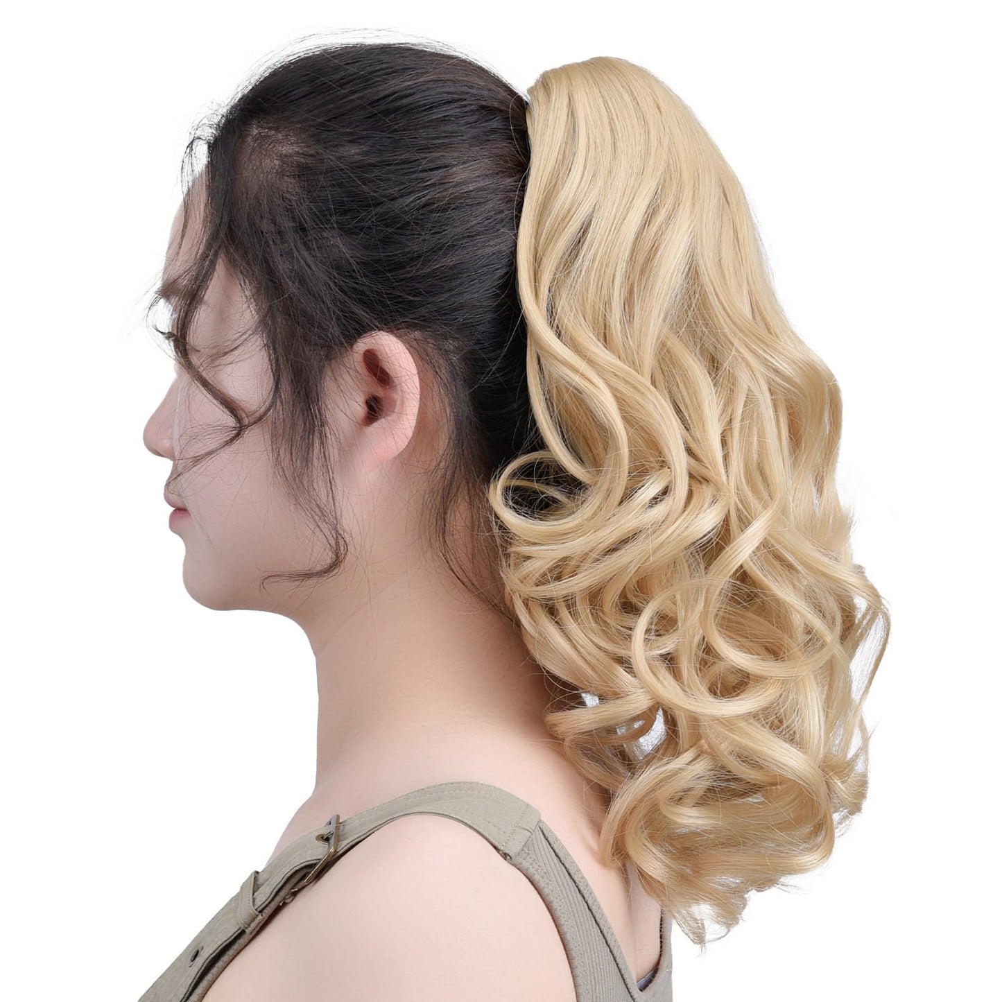 SYXLCYGG Blonde Clip Ponytail Extension – 14" Wavy Claw Clip, 4.3oz Synthetic Yaki, Realistic Fluffy Fake Hairpiece for Women