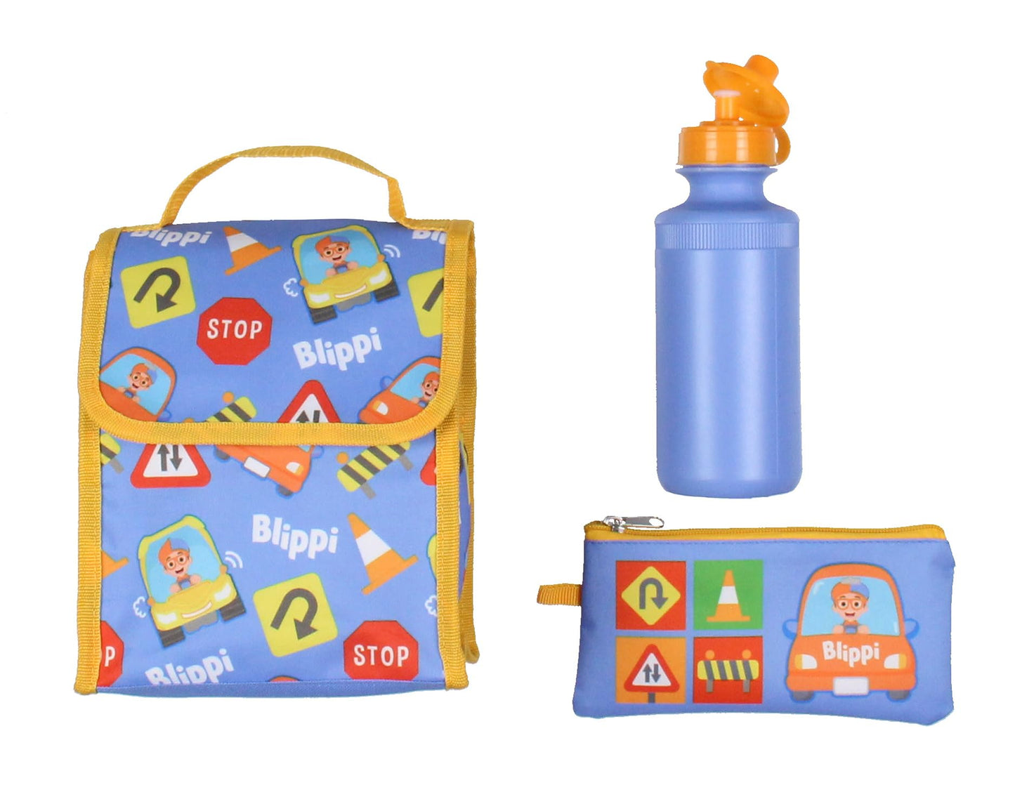 AI ACCESSORY INNOVATIONS Blippi Backpack Safety First Kids School Travel Backpack 5 Pc Set With Lunch Box, Drawstring Bag, Water Bottle, and Pencil Case