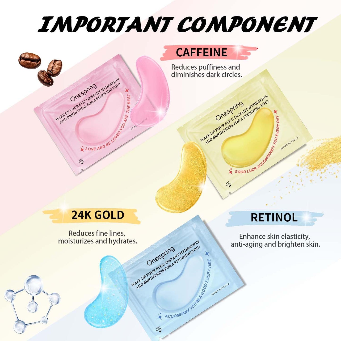 Onespring Eye Masks (24 Pairs) - Gift for Her - Caffeine, 24K Gold and Retinol Under Eye Patches for Puffy Eyes, Dark Circles & Fine Lines Beauty and Personal Care Onespring