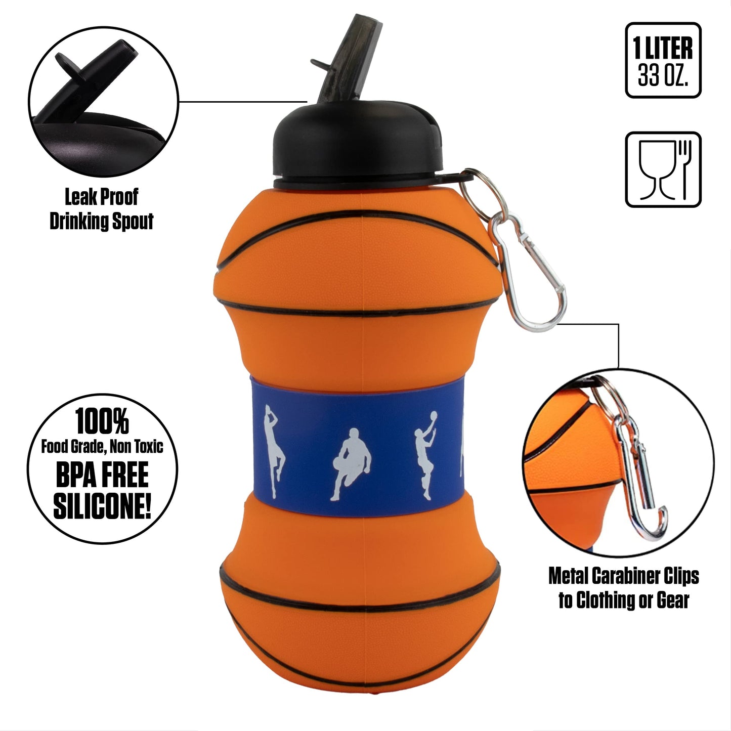 Maccabi Art Clip-On Collapsible 1 Liter, 34 oz. size BPA-Free Silicone Basketball Large Water Bottle for Kids