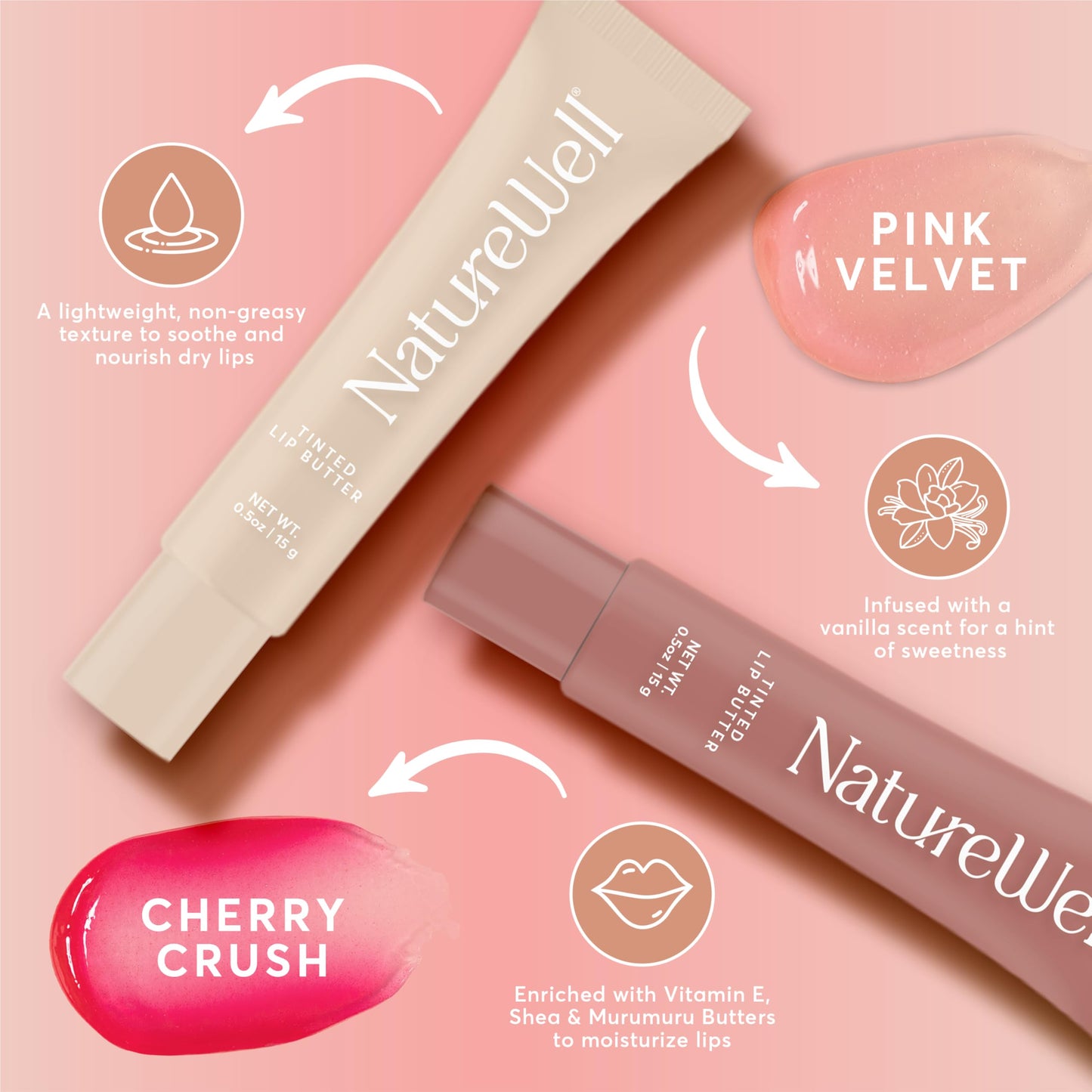 NATURE WELL Tinted Lip Butter Variety Pack, Shear & Subtle Tinted Moisturizing Balms, Vanilla Scented, Lightweight & Non-Greasy, Vitamin E, Shea
