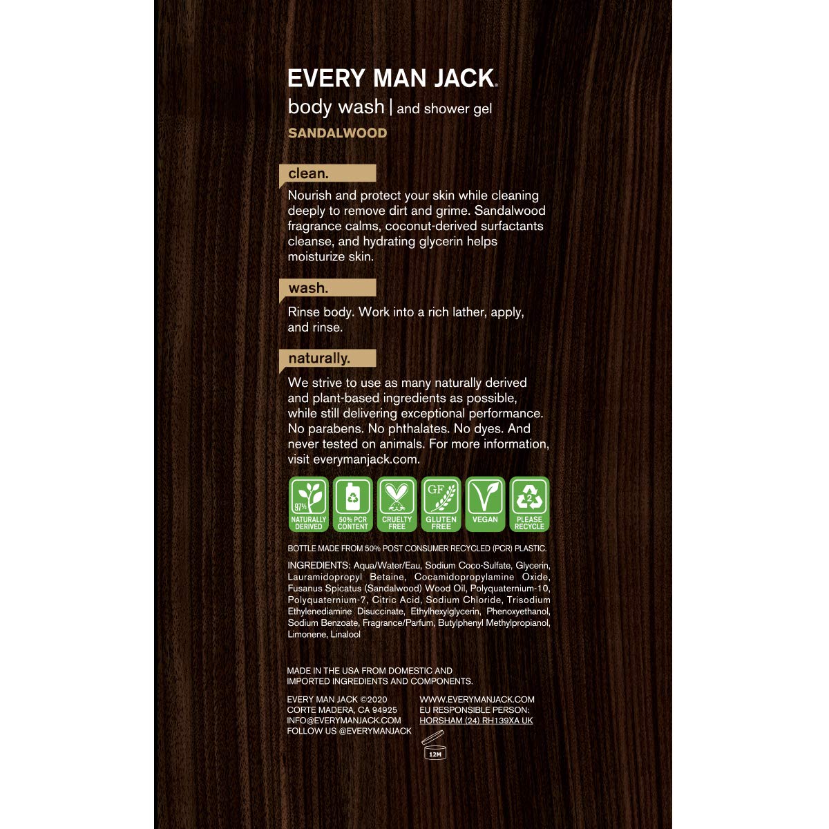Every Man Jack Men's Body Wash Twin Pack - Sandalwood | 16.9-ounce - 2 Bottles Included | Naturally Derived, Parabens-free, Dye-free, and Certified