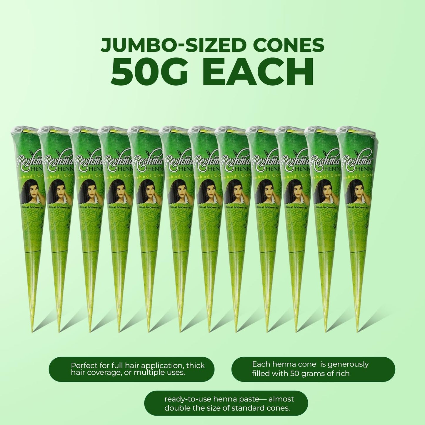 Reshma Beauty 12 Pack of Rajasthani Jumbo Henna Cones for Hair, 50g Each-Almost Double the Size of Regular Cones, 100% Natural Ready-to-Use Henna