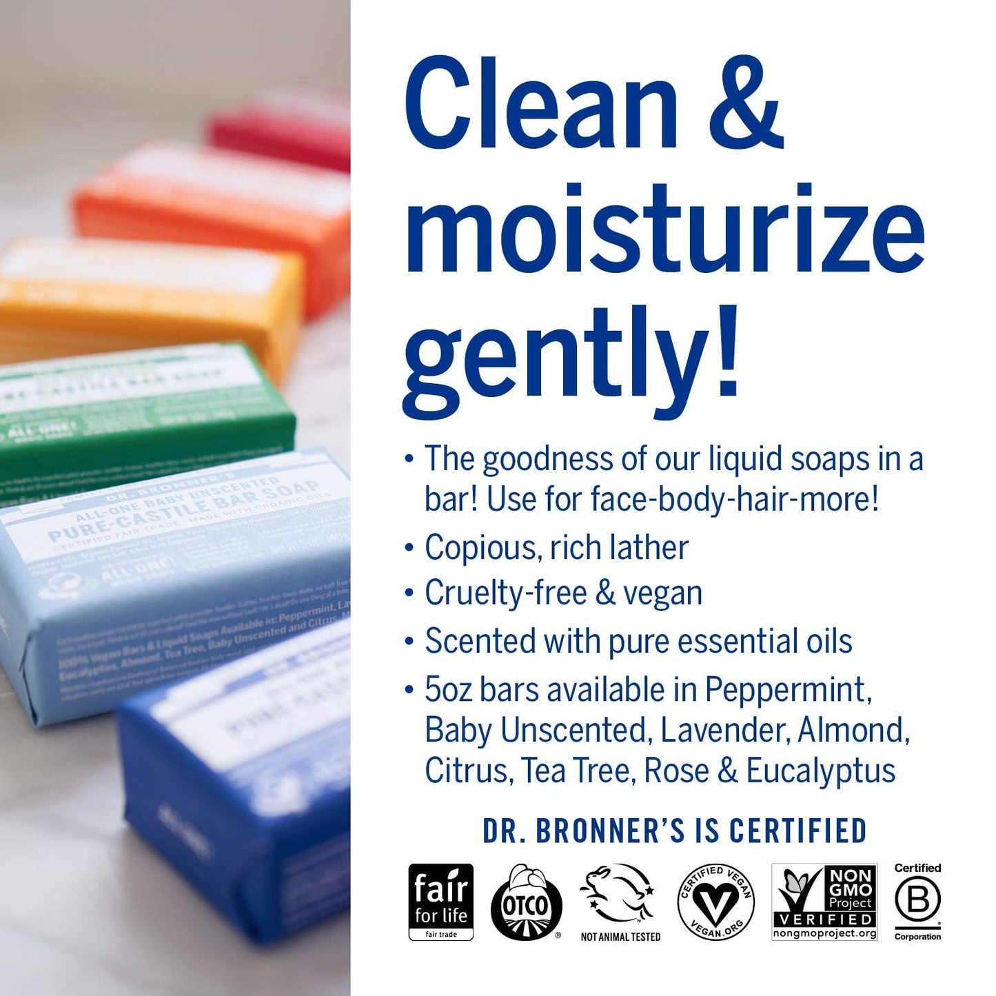 Dr. Bronner's Pure-Castile Magic Bar Soap (5 oz Variety Pack) Almond, Unscented, Lavender, Peppermint, Citrus, Rose, Tea Tree, & Eucalyptus - Made