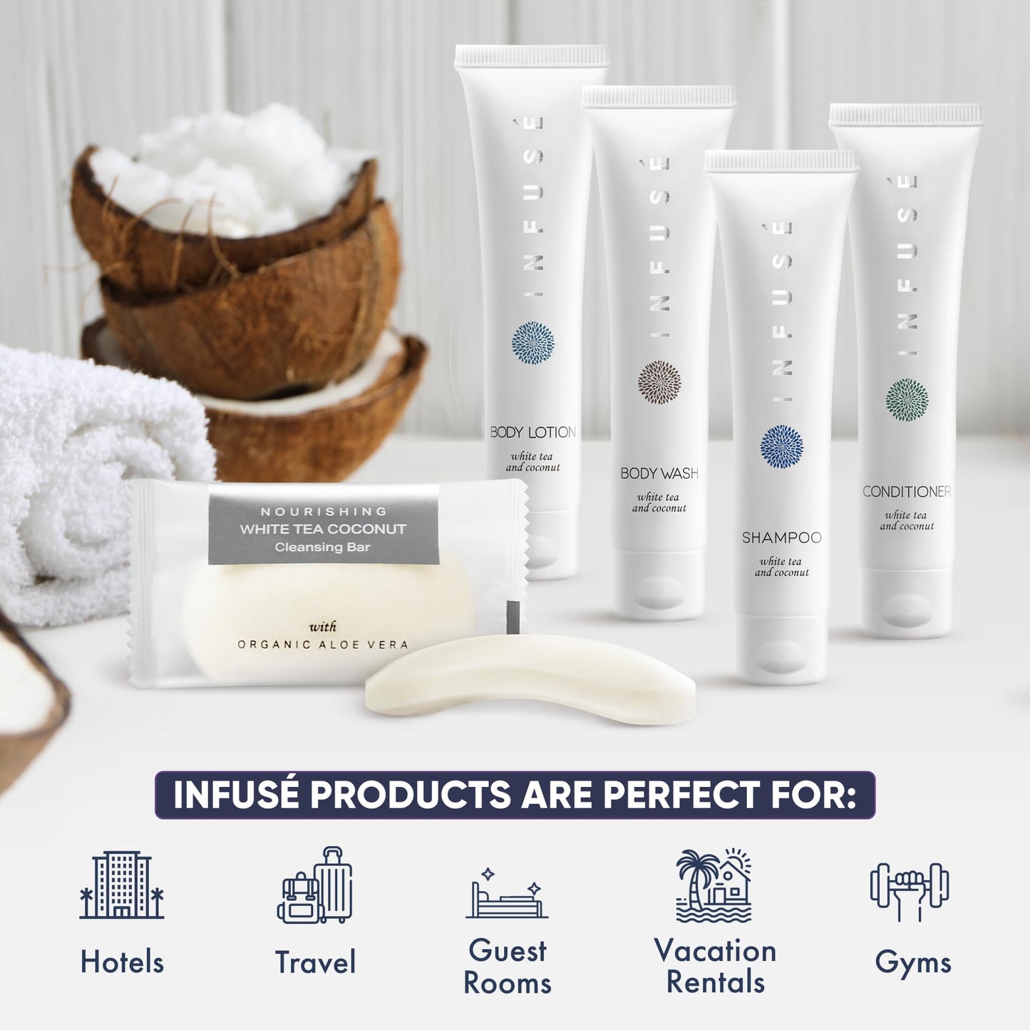 Infuse Pure White Tea and Coconut Hotel Soaps and Toiletries Bulk Set | 1-Shoppe All-In-Kit for Airbnb | 1oz Shampoo & Conditioner, Body Wash, Lotion