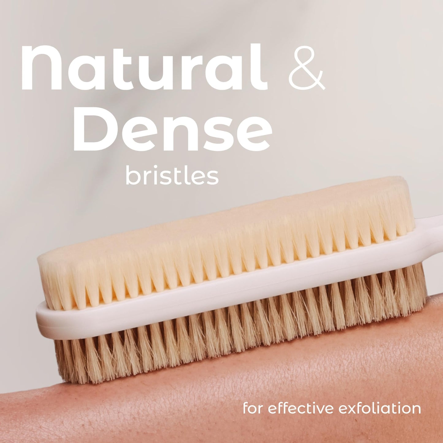MainBasics Back Scrubber for Shower, Long Handle Body Brush with Dual-Sided Exfoliating and Soft Bristles, 15.75 Inch (White)