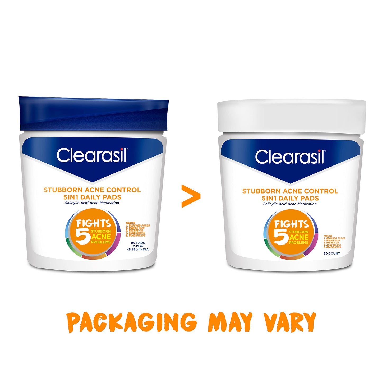 Clearasil Stubborn Acne Control 5in1 Daily Facial Cleansing Pads, 90 Count (Packaging May Vary) (Pack of 8)