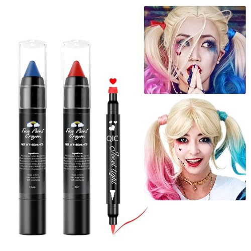 Face Paint Kit for Halloween Harley Quinn Cosplay Party Makeup for Women Girls, Red & Blue Face Body Painting Cream Blendable Sticks Red Liquid