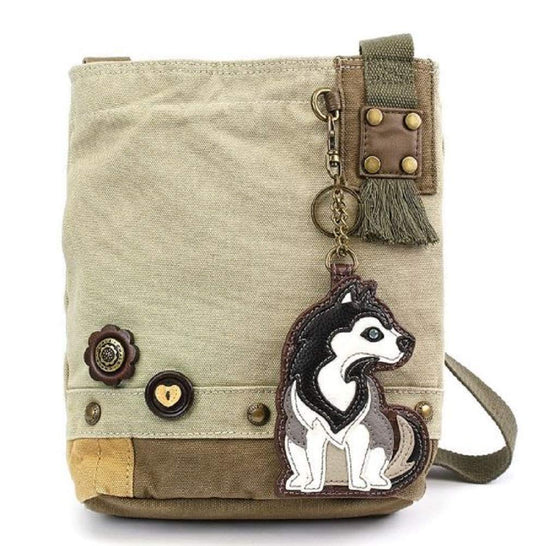 CHALA Patch Cross-Body Women Handbag, Sand Color Canvas Messenger Bag - Alaskan Husky