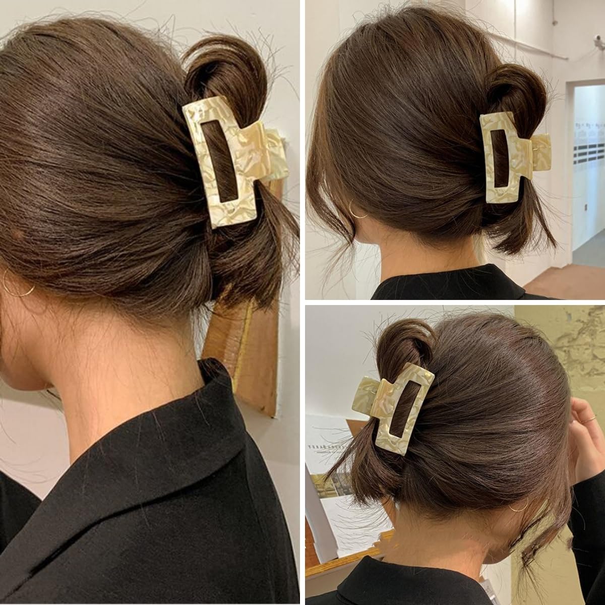 3 inch Hair Claw Clips Cutout Tortoise Shell Celluloid Hair Jaw Clips French Design Rectangle Hair Clamp for Women Ladies Mother (2 Pack)