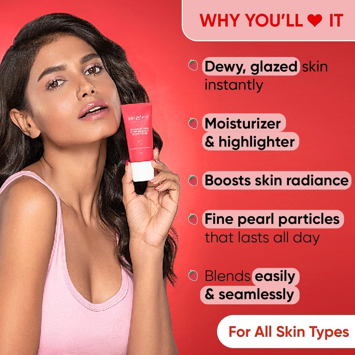 MENT Dot- & Key- Strawberry Dew Strobe Cream for Face | Skin Radiance Cream | Moisturizer & Highlighter for Face | for Dewy Glazed Instant Glow |
