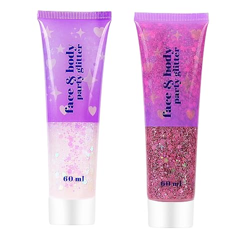 ANGXILIN High Capacity 60+60ML Chunky and Fine Mixed Face Body Glitter with Gel for Singer Concerts Rave Party Makeup,Quick Dry and Long Lasting