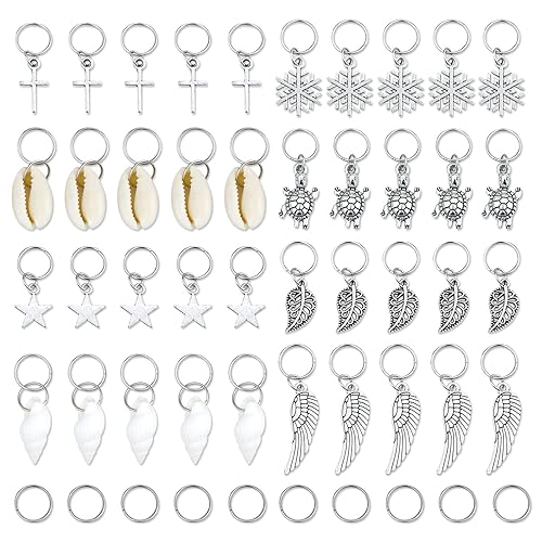 JIALEEY Hair Braid Rings, 50PCS Hair Loops Clips Silver Ring Shell Leaves Star Conch Snowflake Pendant Charms Set Hair Clip Headband Accessories