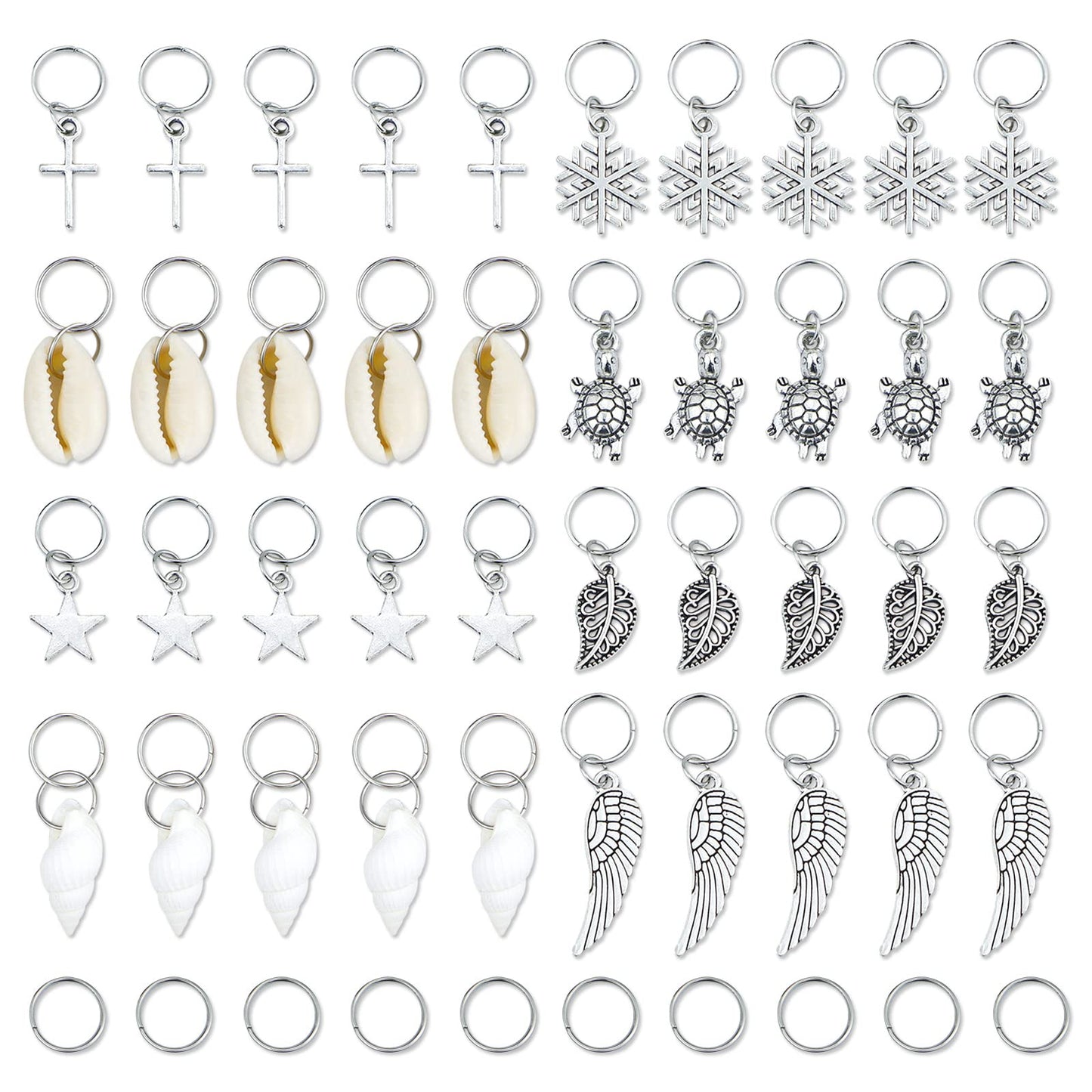 JIALEEY Hair Braid Rings, 50PCS Hair Loops Clips Silver Ring Shell Leaves Star Conch Snowflake Pendant Charms Set Hair Clip Headband Accessories