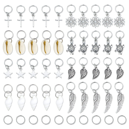 JIALEEY Hair Braid Rings, 50PCS Hair Loops Clips Silver Ring Shell Leaves Star Conch Snowflake Pendant Charms Set Hair Clip Headband Accessories