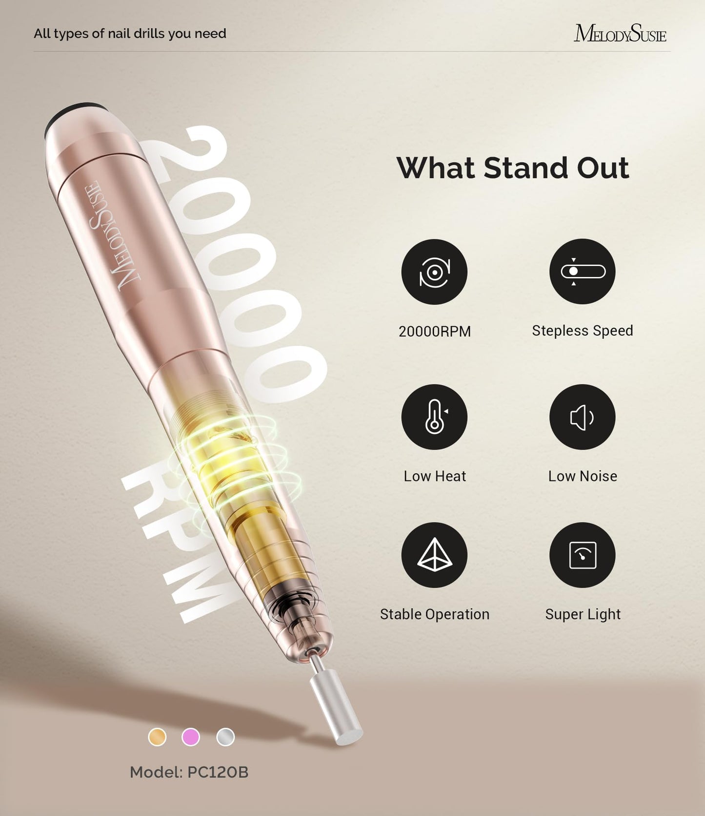 MelodySusie Pen-Shaped Portable Nail Drill with AC Adapter, PC120B 20000RPM Electric File with Compact Design for All Nail Care, Manicure Polishing Beauty and Personal Care MelodySusie