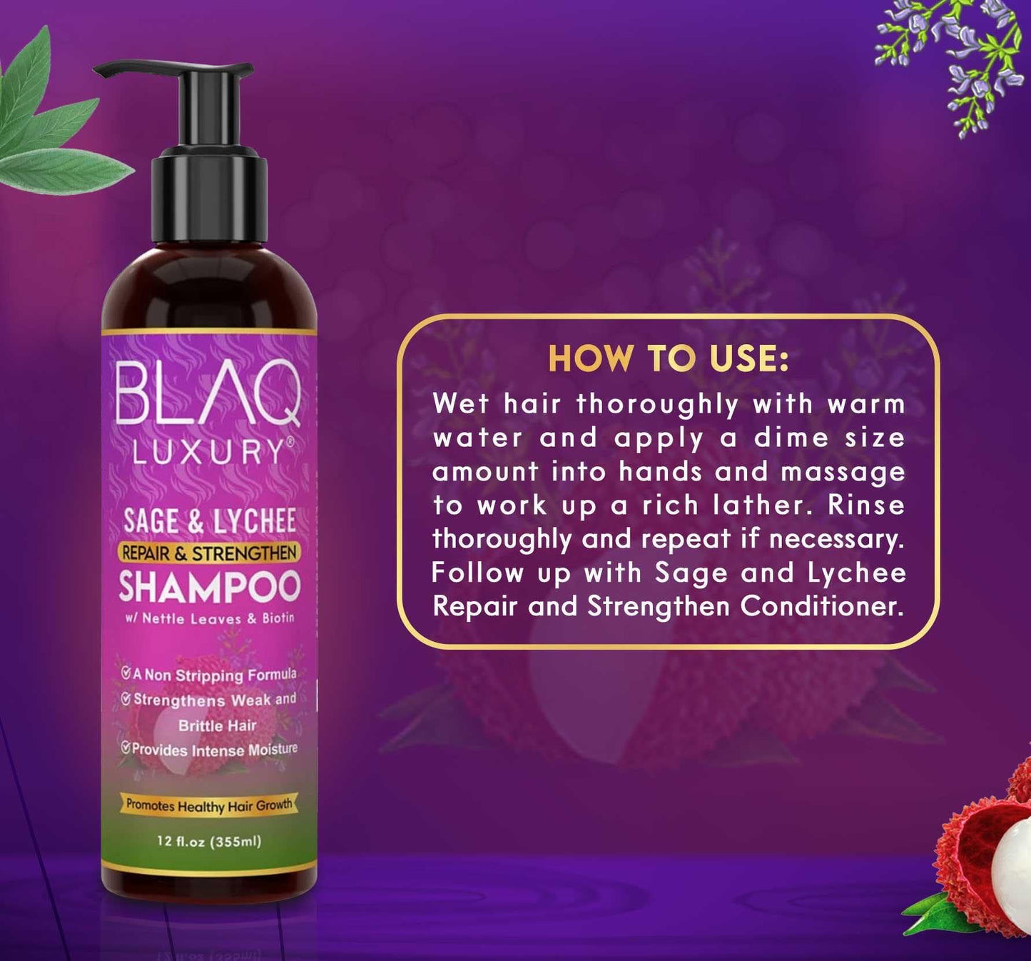 Blaq Luxury Sage & Lychee Repair and Strengthen Shampoo - Infused with Biotin and Nettle - Sulfate-Free Formula for All Hair Types - Promotes Hair