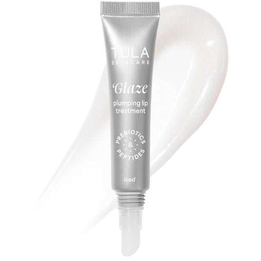 TULA Skin Care Glaze Plumping Lip Treatment, Shade Iced - Hydrating & Glossy Lip Balm with Hyaluronic Acid & Peptides, 0.28 oz.
