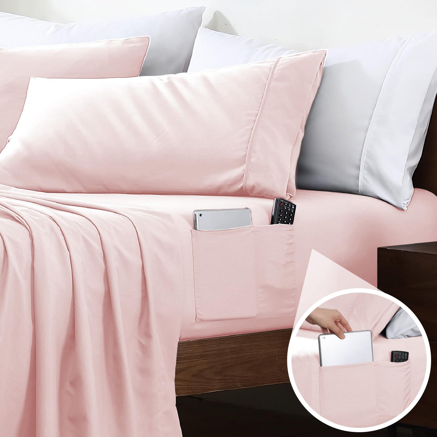 Swift Home Smart Sheets, Ultra Soft Brushed Microfiber 4-Piece Sheet Set, Fitted Bed Sheet with Side Storage Pockets - Blush, Full