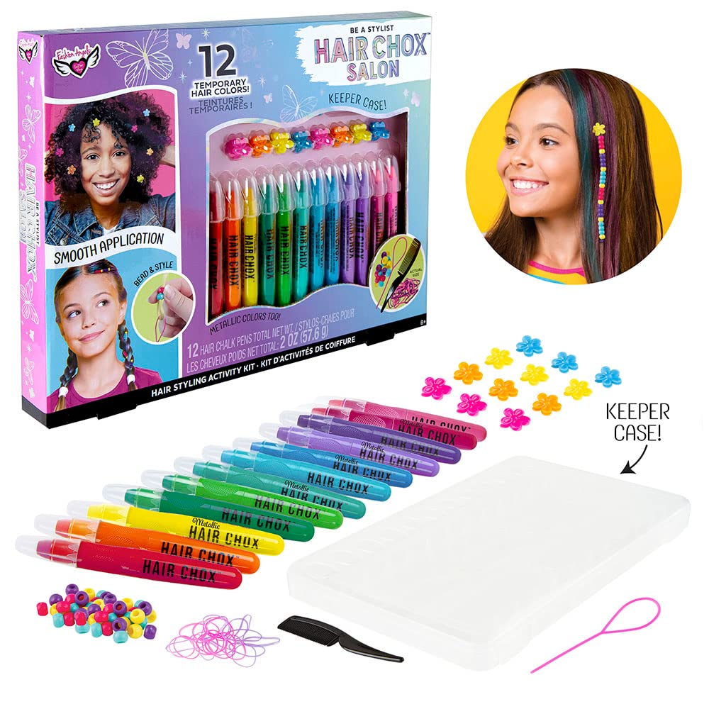 Fashion Angels Be a Stylist Hair Chox Salon Activity Kit - 12 Temporary Hair Chalk Pens, Yellow,Orange,Blue,Green,Pink,Red,Purple (12957)