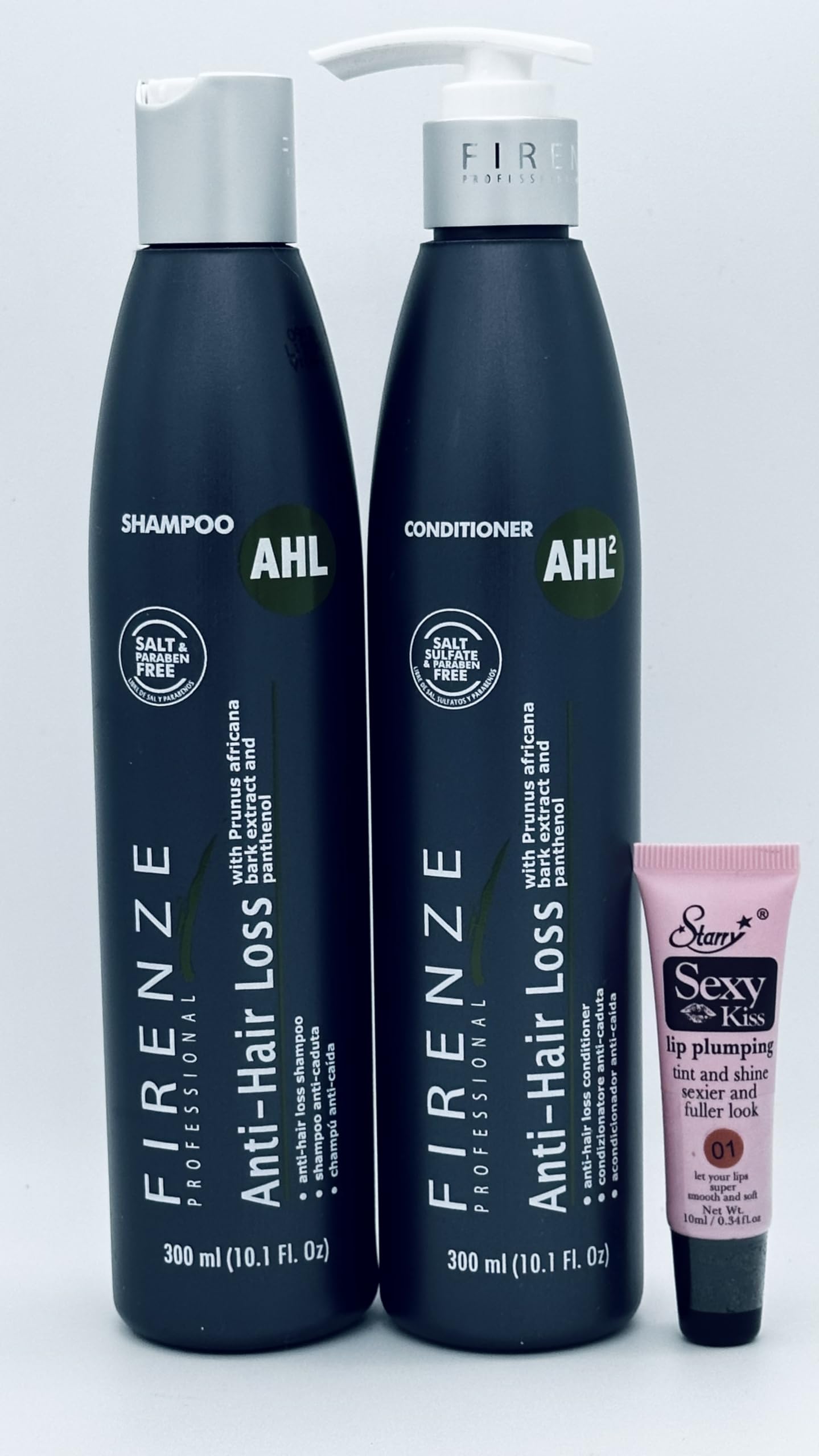 Firenze Professional AHL Anti-Hair Loss Shampoo & Conditioner 10.1 fl oz with Prunus Africana Extract & Panthenol - Free Starry Lip Plumping Gloss