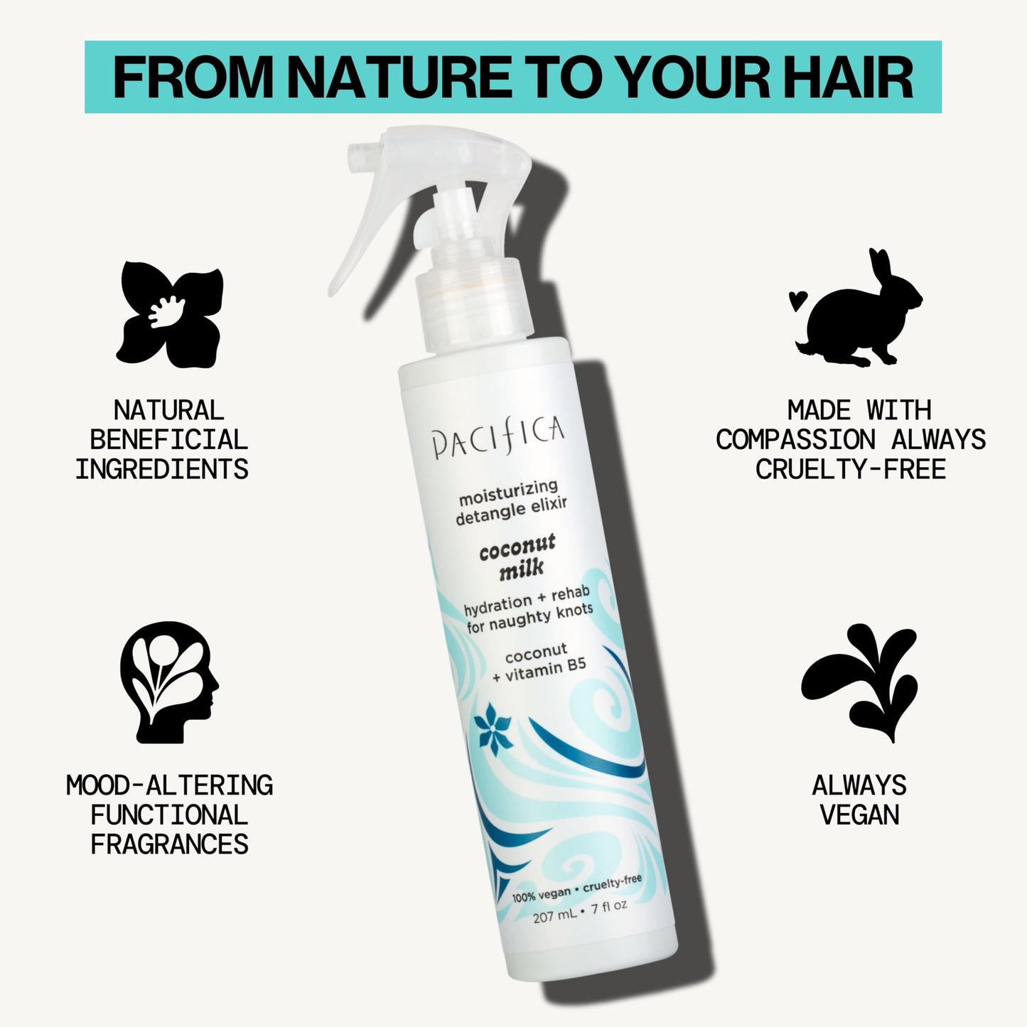 Pacifica Coconut Milk Hair Detangler Spray - Leave-In Conditioning Elixir for Tangle-Free Hair - Instantly Detangles Knots, Adds Shine & Moisture