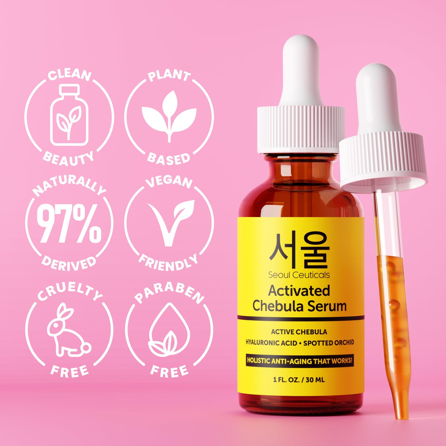 SeoulCeuticals Chebula Active Serum for Face - Korean Skin Care Anti Aging Natural K Beauty Skincare With Hyaluronic Acid + Spotted Orchid