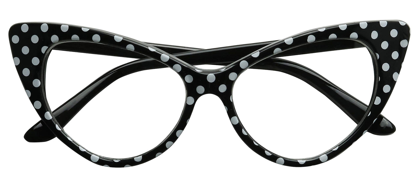 ShadyVEU High Pointed Polka Dot Cat Eye Glasses Clear Non Prescription Lens Lolita 50s Greaser Retro Sunglasses (Black Polka Dot Frame)