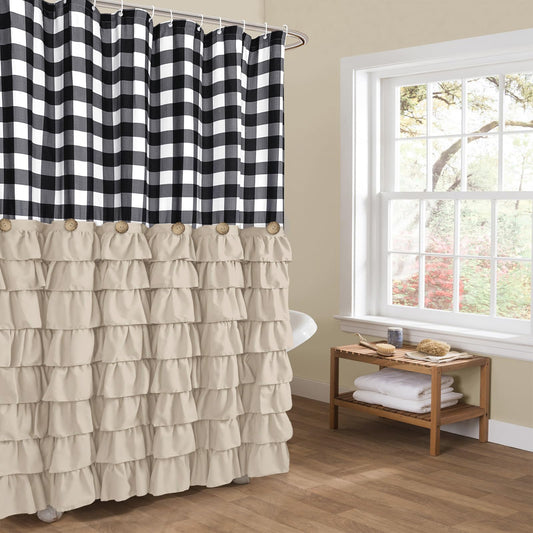 Seasonwood Beige Shower Curtain Buffalo Plaid Pattern Farmhouse Ruffled Shower Curtain with Vintage Buttons, Rustic Decorative Fabric Shower Curtains…