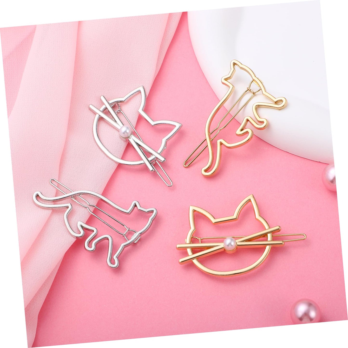 FRCOLOR Cat Hair Clip, 4 Pieces Metal Novelty Pearl Cat Shaped Hair Clips Cute Small Cat Barrettes Hairpins for Women Girls