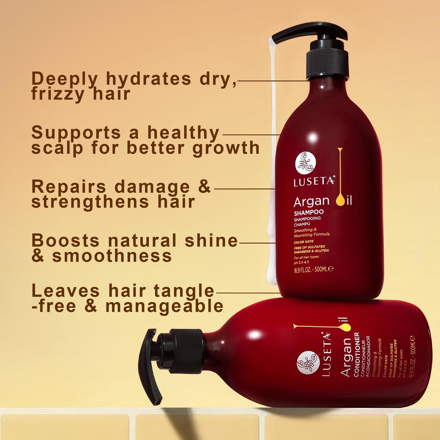 LUSETA Argan Oil Shampoo and Conditioner Set for Dry Damaged Hair - Smoothing & Thickening Treatment for Fine Thin Hair, Anti-Frizz Nourishing Formula