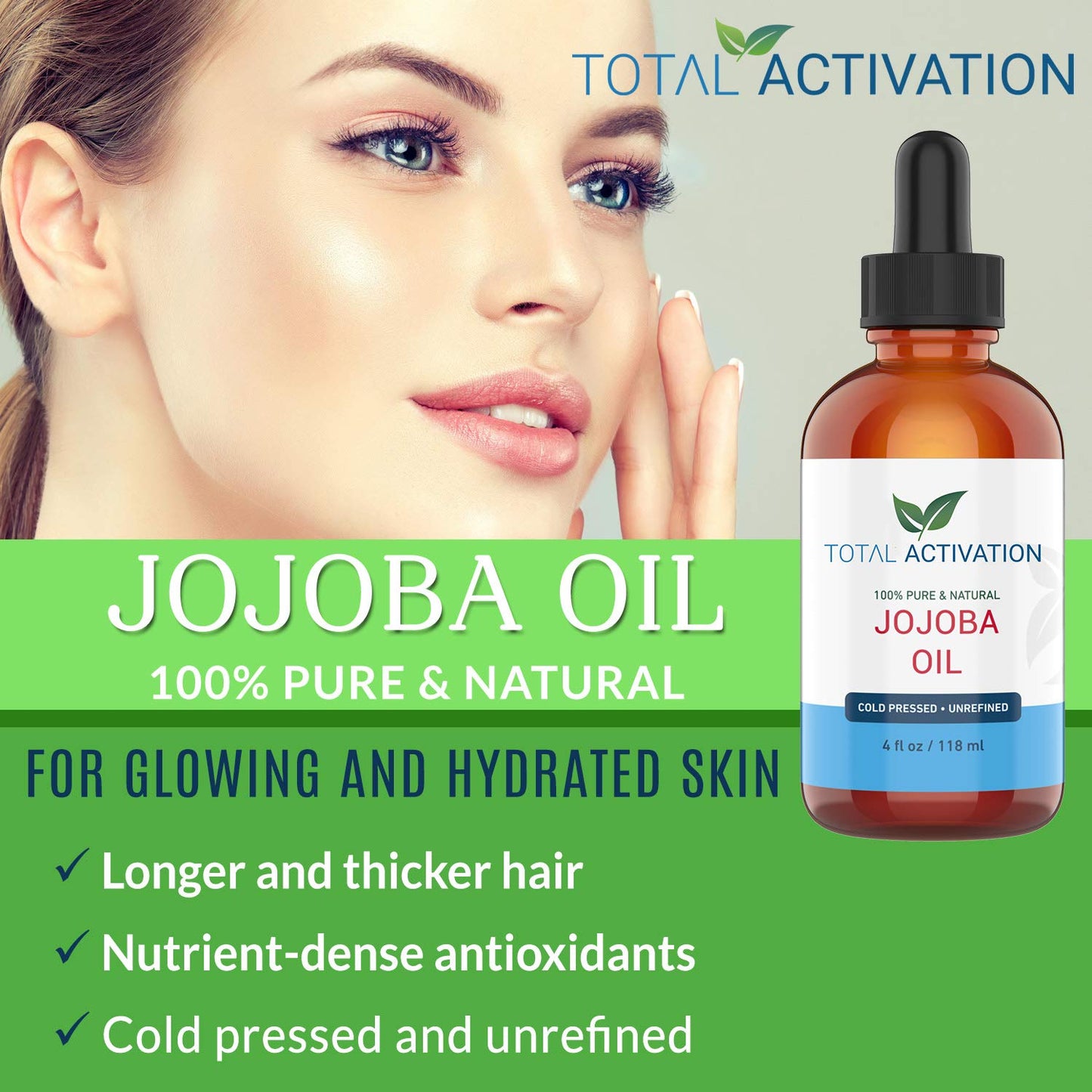 Total Activation Organic Jojoba Oil for Skin, Hair & Nails, 100% Pure Natural Unrefined Cold Pressed, Natural Face Moisturizer, Hair Moisturizer