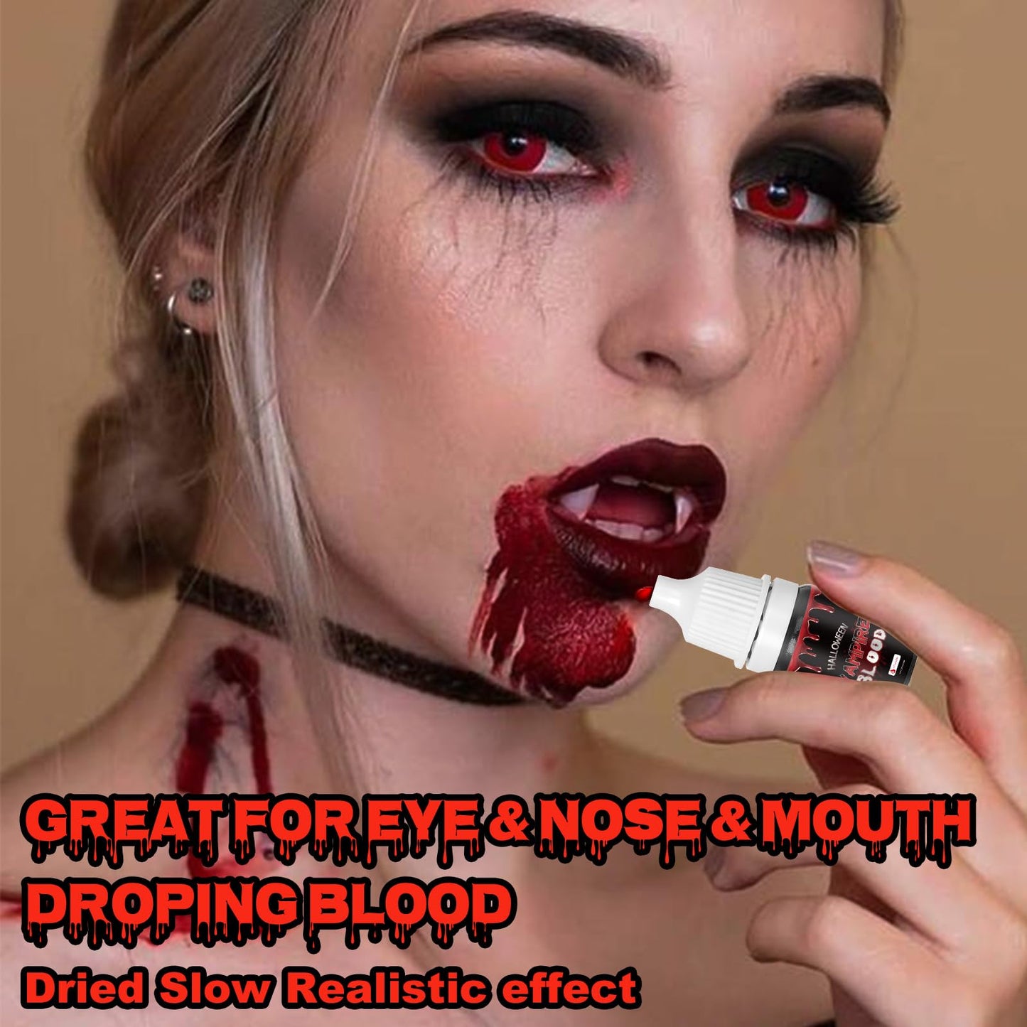 Vampire Fangs Kit with Black Lipstick & Fake Blood - 4 Pairs 4 Sizes SFX Fake Teeth, Vampire Blood & Goth Lipstick for Halloween Cosplay Makeup