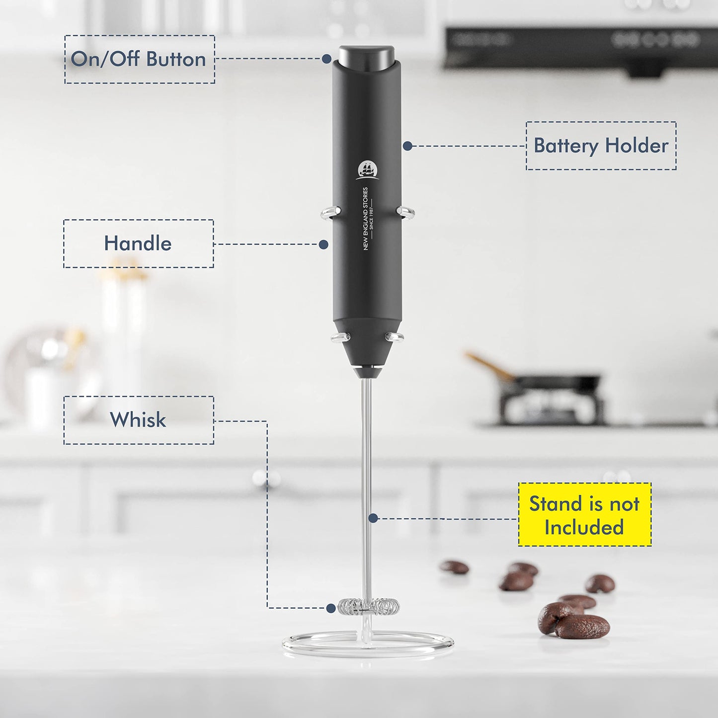 Powerful Handheld Milk Frother Wand, Battery-Powered Mini Drink Mixer with Stainless Steel Whisk for Coffee, Lattes, Matcha & More, Black