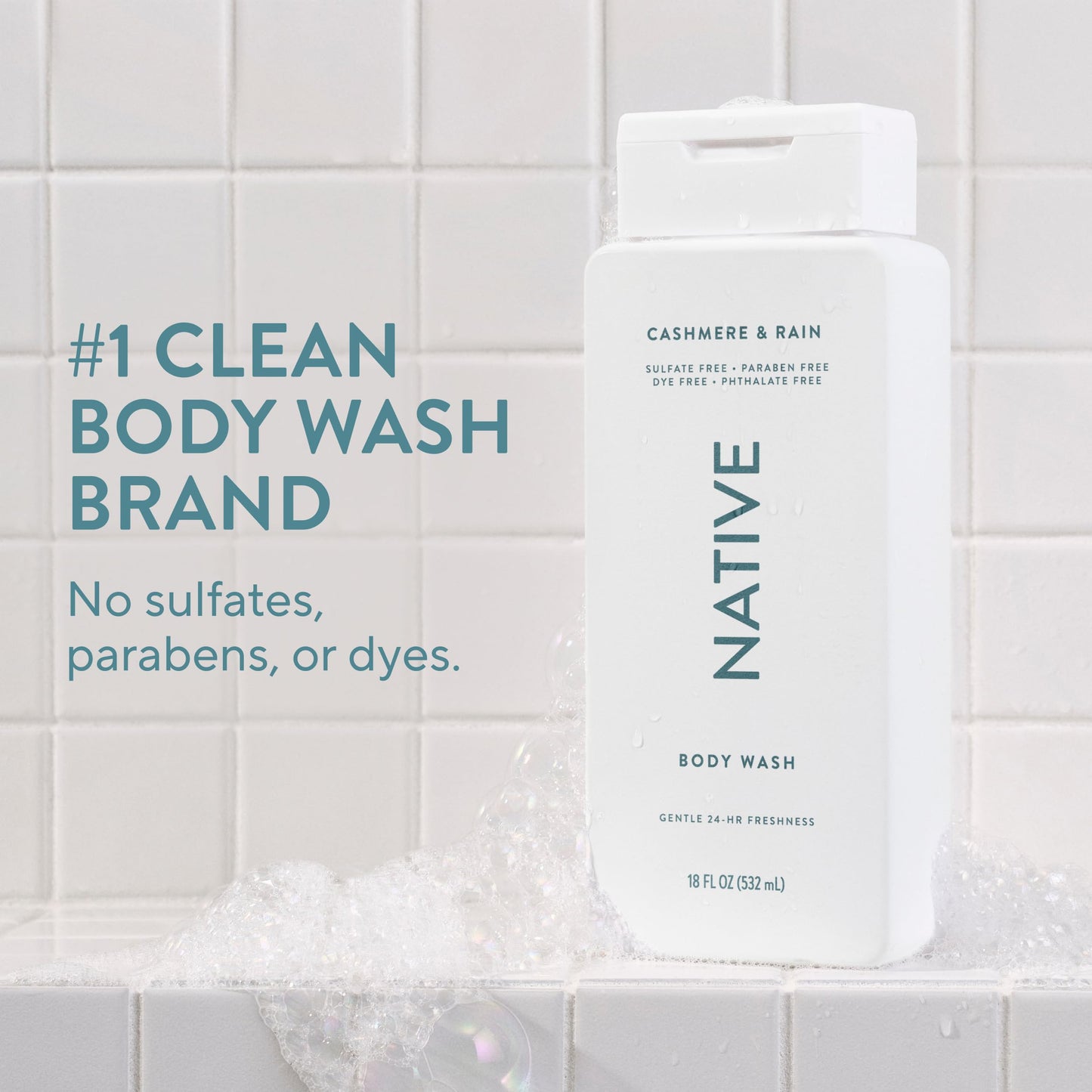 Native Cashmere & Rain Scent 24-Hr Refreshing Clean Body Wash for Men & Women, for All Skin Types Incl. Sensitive, Leaves Skin Feeling Clean & Soft