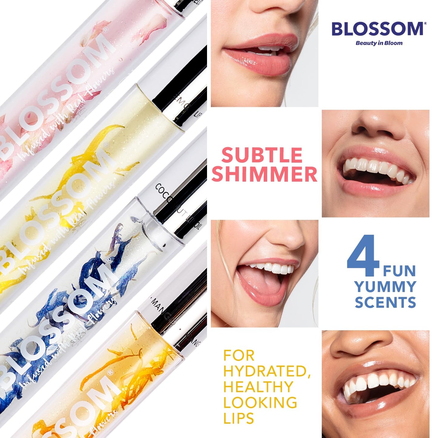 Blossom Lip Gloss & Lip Oil with Olive Oil + Grape Seed Oil, Moisturizing and Hydrating Shimmer Sparkle, Infused with Real Flowers, 3g, Watermelon
