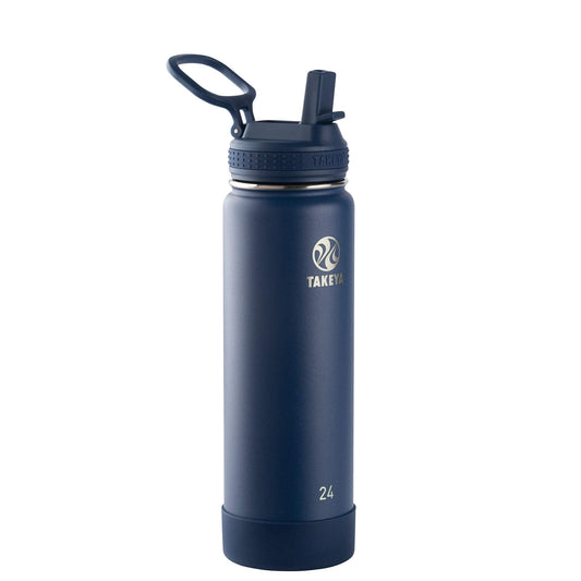 Takeya Actives 24 oz Water Bottle with Straw Lid - Double Wall Stainless Steel Insulation - Dishwasher Safe & BPA-Free - Removable Bumper - Midnight