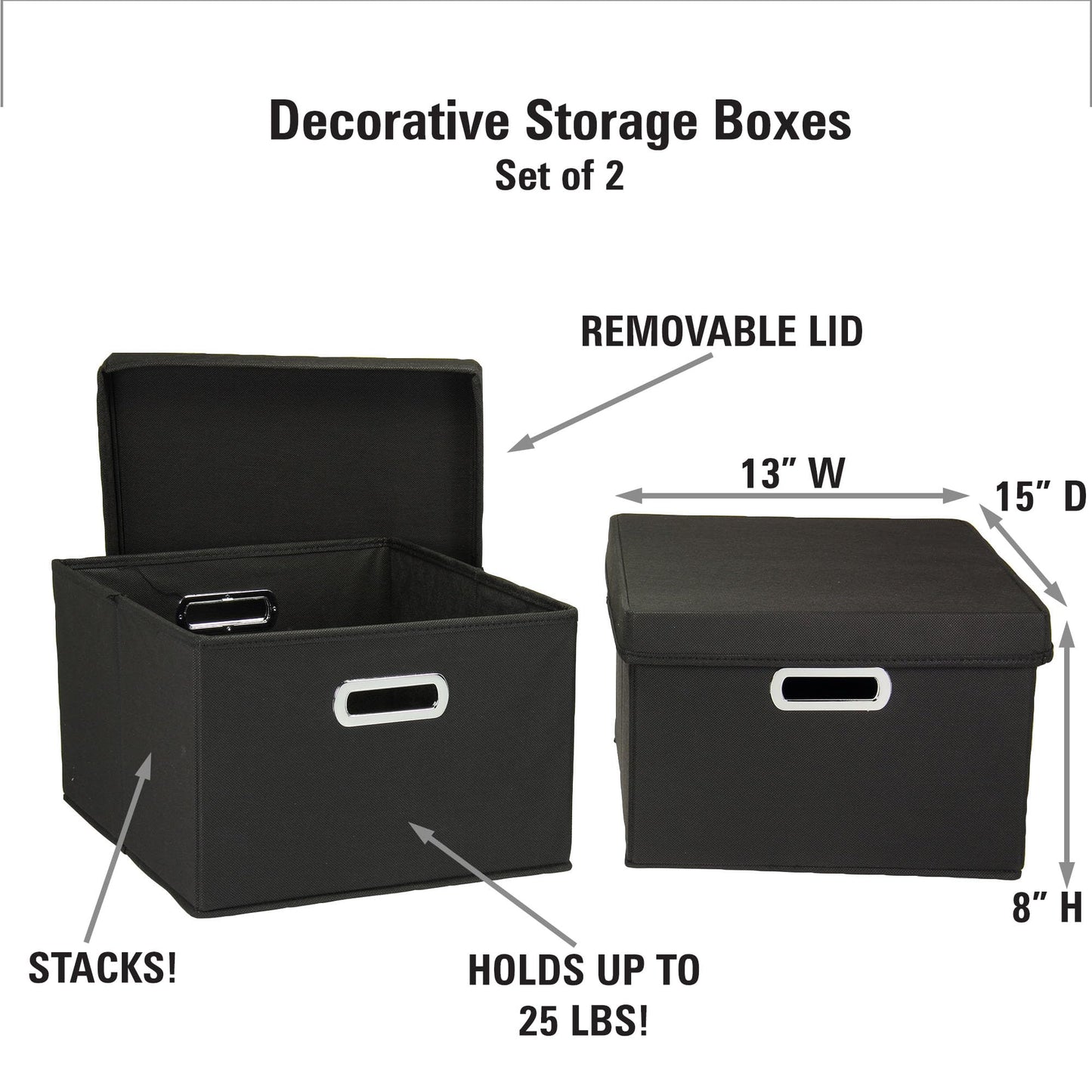 Household Essentials Fabric Storage Boxes with Lids and Handles, Black