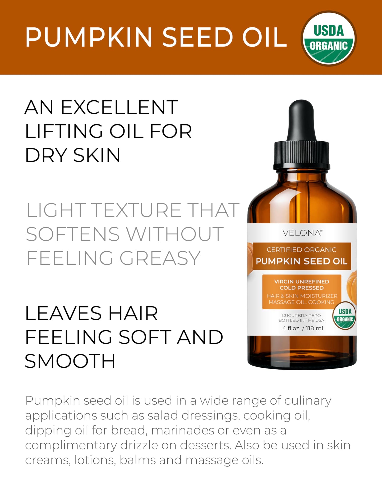 velona Pumpkin Seed Oil USDA Certified Organic - 4 Fl Oz | 100% Pure and Natural Carrier Oil | Unrefined, Cold Pressed | Cooking, Face, Hair, Body