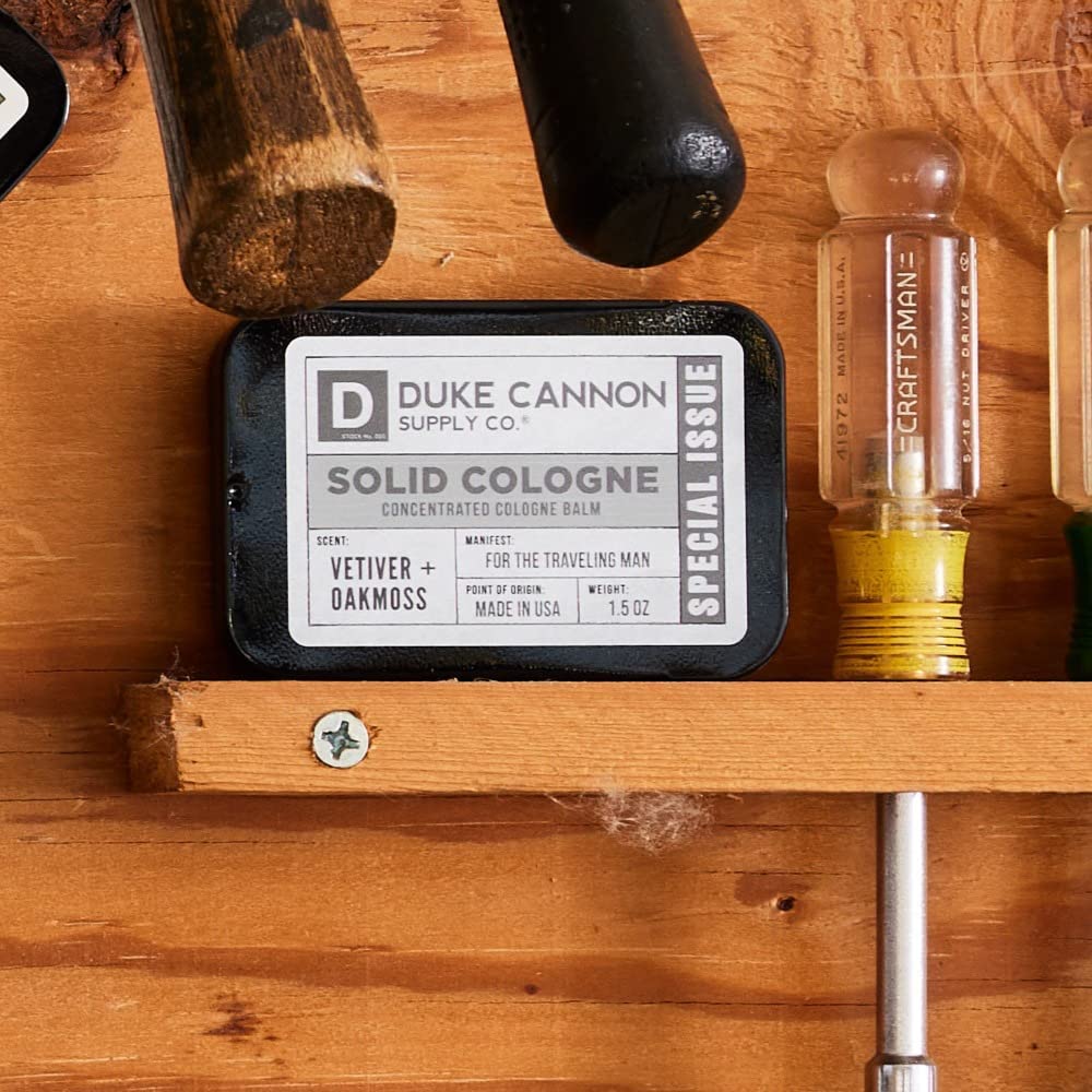 Duke Cannon Supply Co. Solid Cologne for Men Special Issue Vetiver and Oakmoss (Fresh Air, Sandalwood) - Concentrated Balm, Travel-Friendly Tin, 1.5