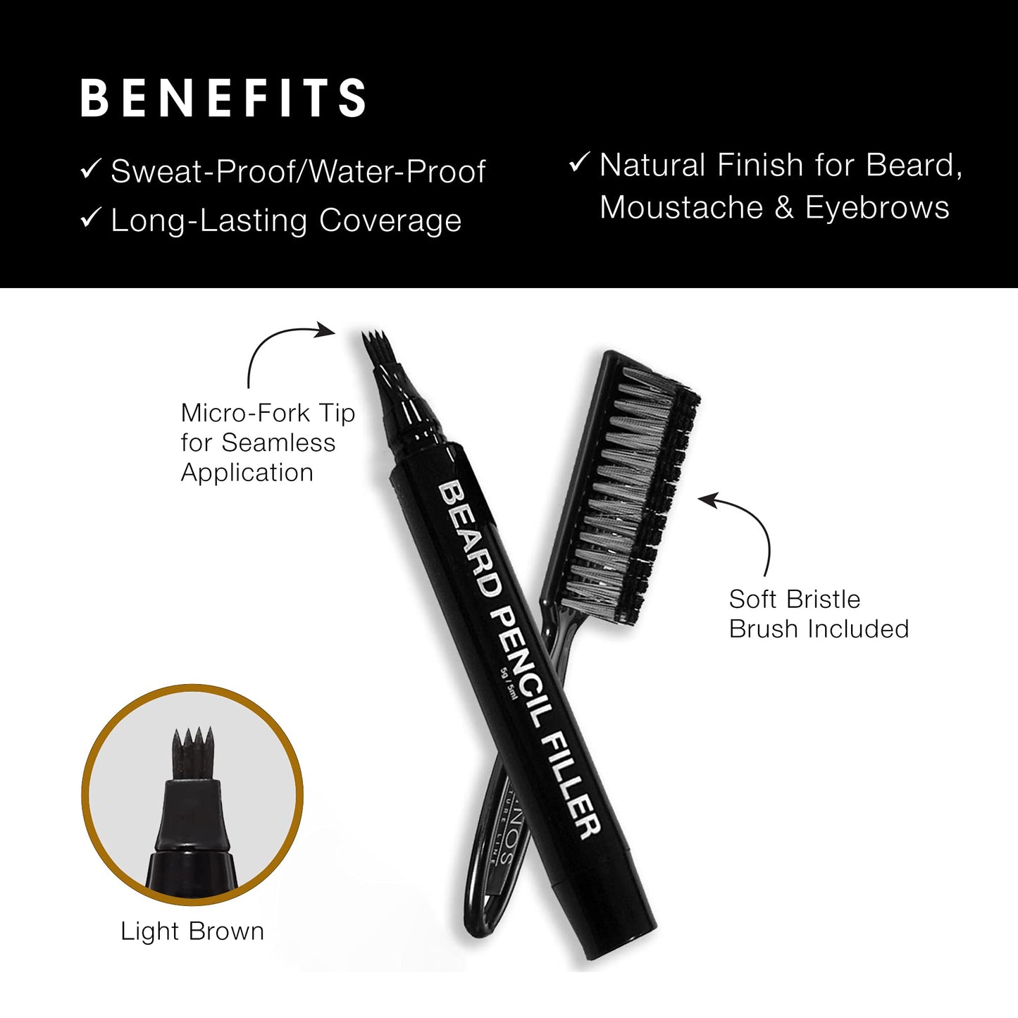 Pacinos Beard Pencil Filler - Water Proof, Long Lasting Coverage & Natural Finish - Beard, Moustache & Eyebrows - Micro-Fork Tip for Seamless