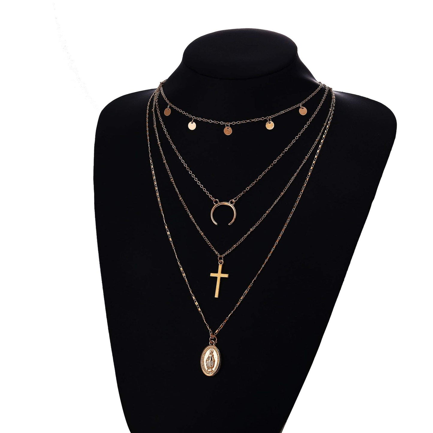 DoubleNine Boho Layered Necklace with Coin Cross Moon Crescent Saint Charm Jewelry Retro Accessories for Women Girls