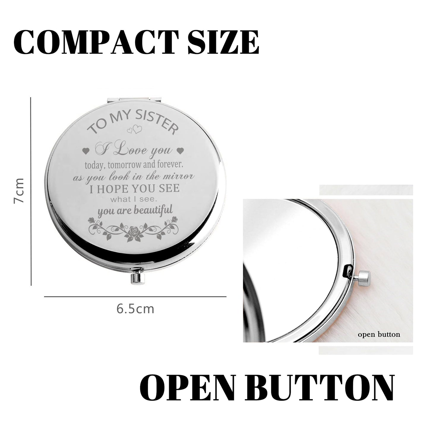 GAOLZIUY Compact Mirror Gifts from Sister, Silver Compact Mirror for Big/Litter Sister, Birthday Gifts for Sister Graduation, Valentine, Mothers Day