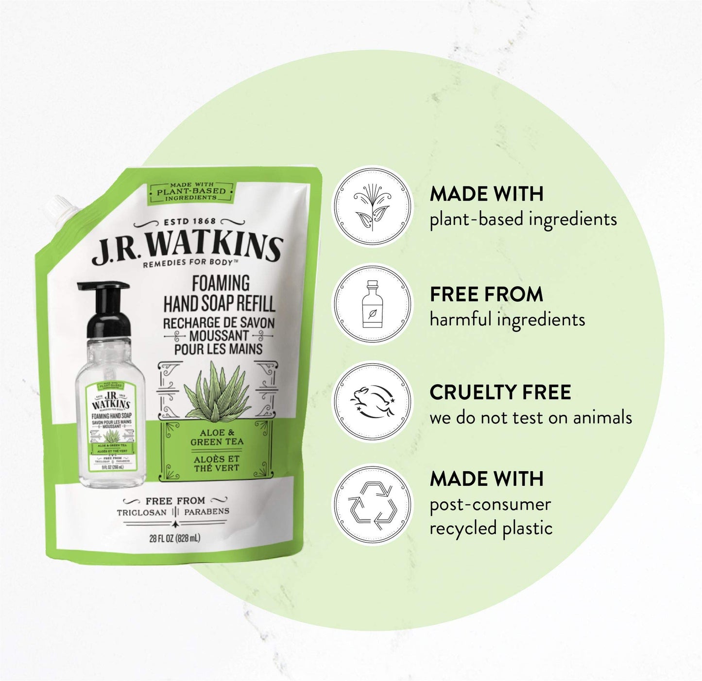 J.R. Watkins Foaming Hand Soap Refill Pouch, Scented Foam Handsoap for Bathroom or Kitchen, USA Made and Cruelty Free, 28 fl oz, Aloe & Green Tea, 2