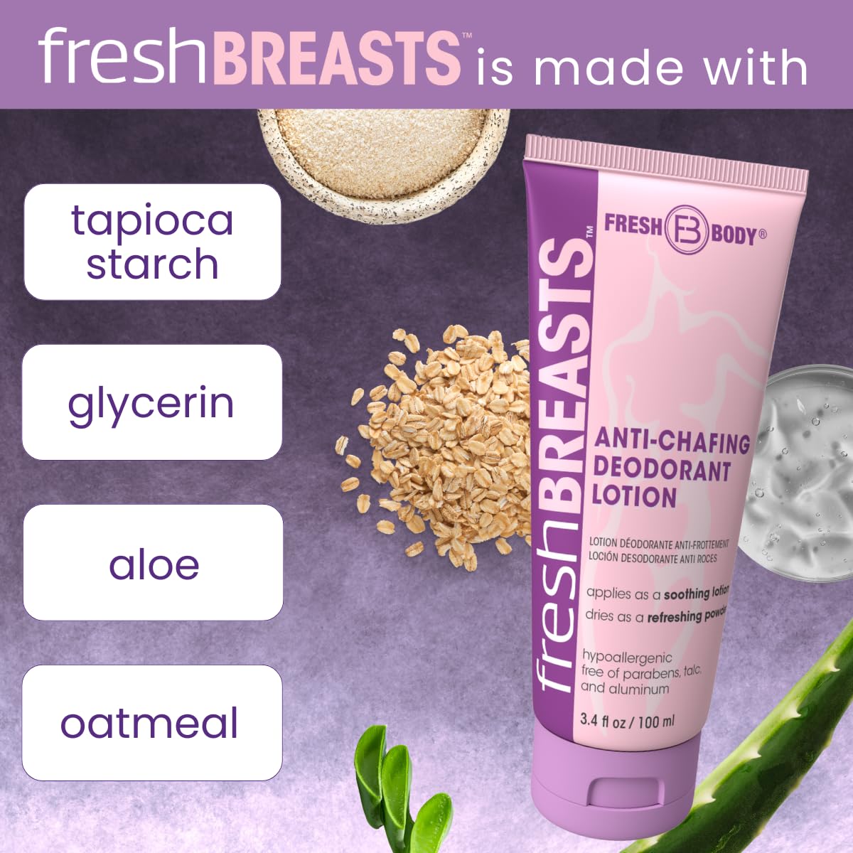 Fresh BREASTS Anti Chafing Deodorant Lotion to Powder, 3.4oz (2 Pack) - Anti Chafe Cream Whole Body Deodorant for Women, Inner Thighs & Areas that