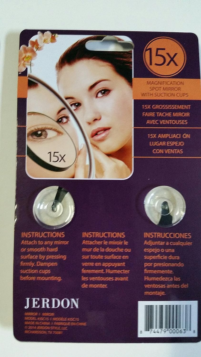 JERDON 3” Makeup Mirror with 15X Magnification - Black Frame - Suction Cups for Wall Mounting - Portable and Fits Easily in Purse for Travel - Model