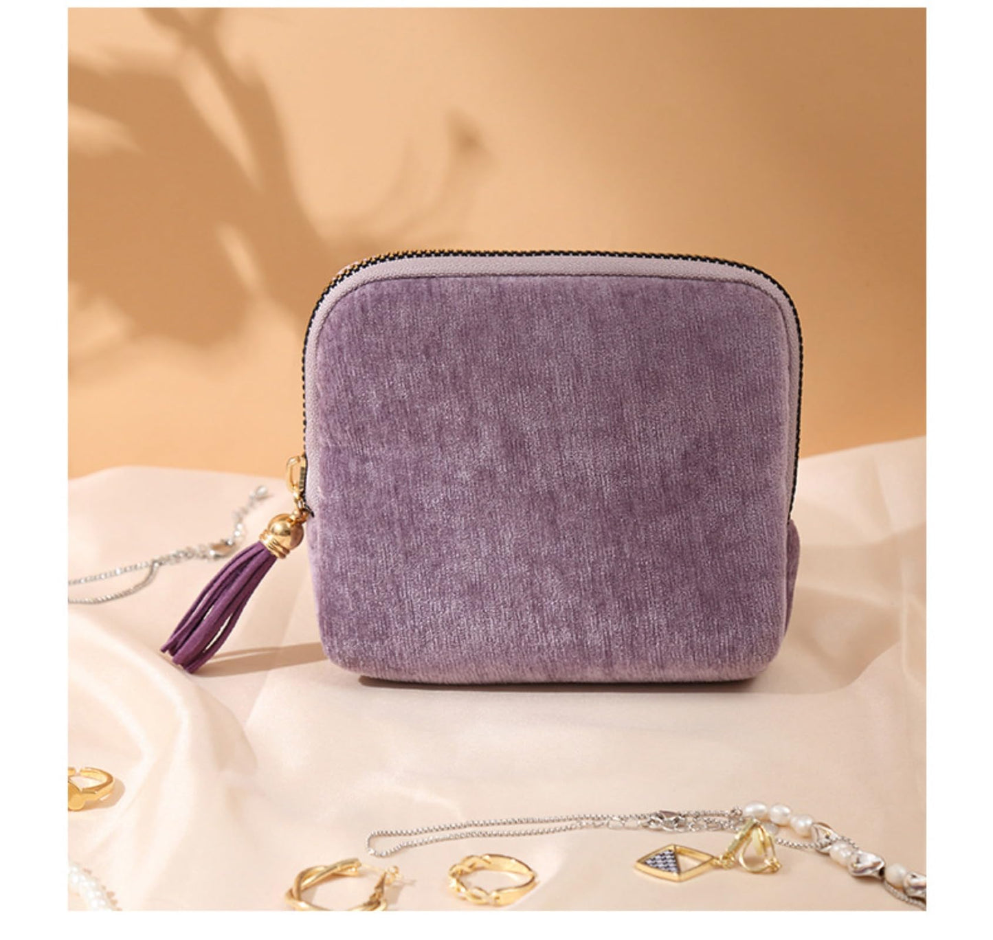 Dybag Velvet Jewelry Travel Case, Portable Fringed Zipper Pouch for Ring & Necklace Organizer, 8 Colors (purple)